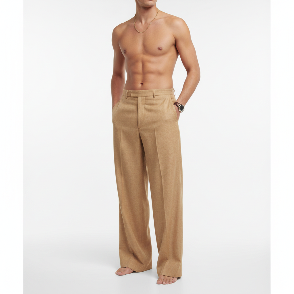 Minimal Wide Pants in Desert Sand – Model Shot