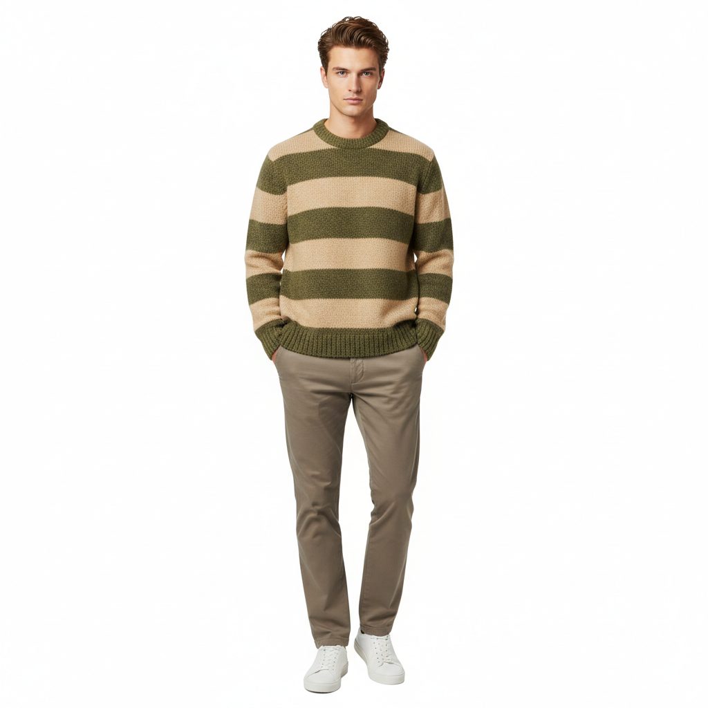 Striped Knit Sweater in Olive & Beige – Male Model Shot