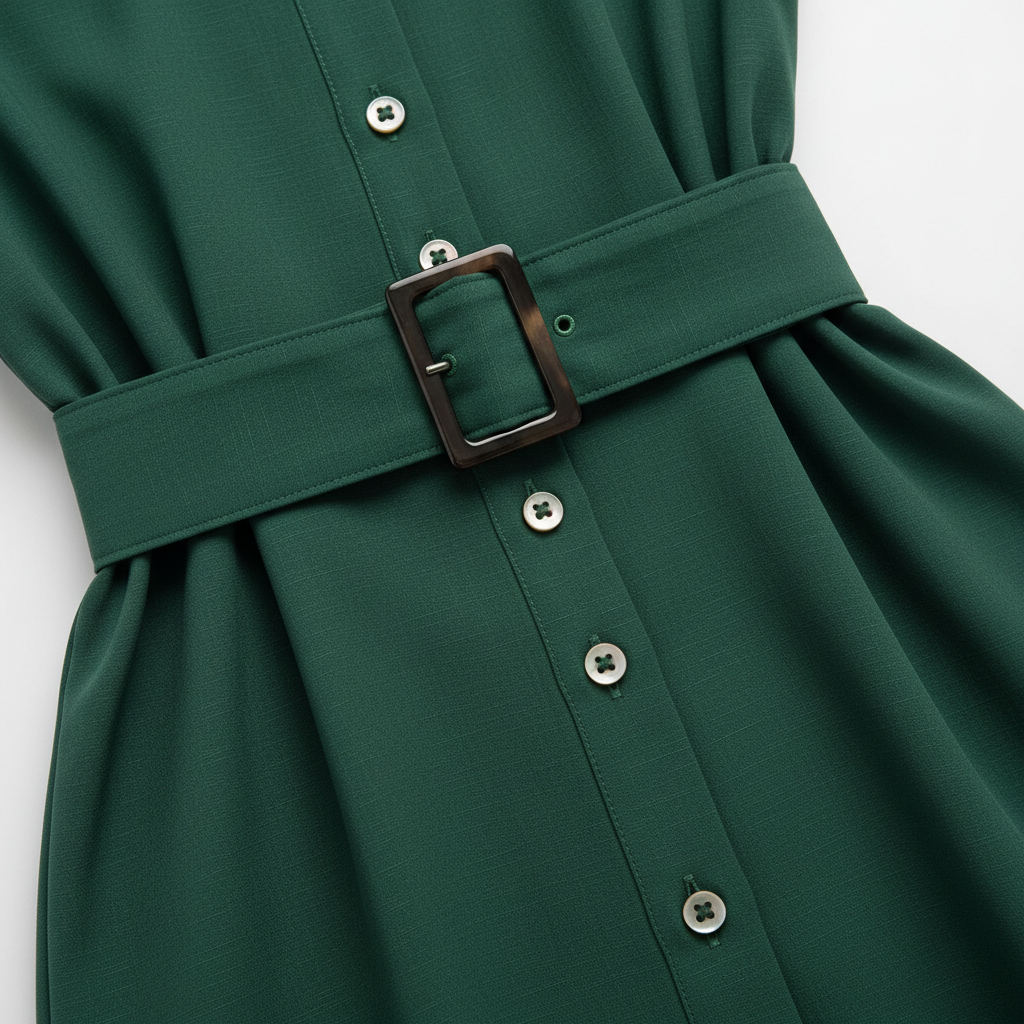Shirt Belted Dress in Forest Green – Fabric Detail