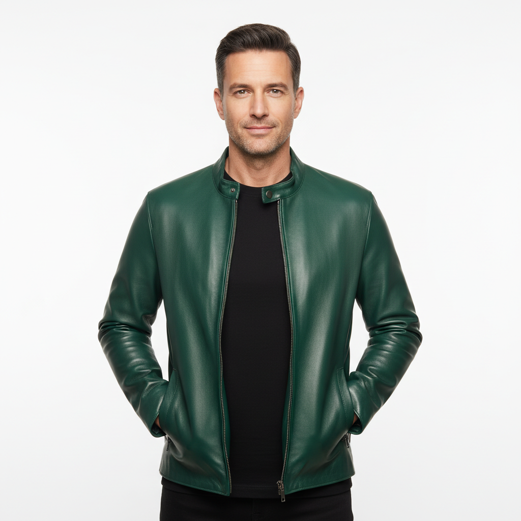 Noir Leather Jacket – Emerald Green – Model