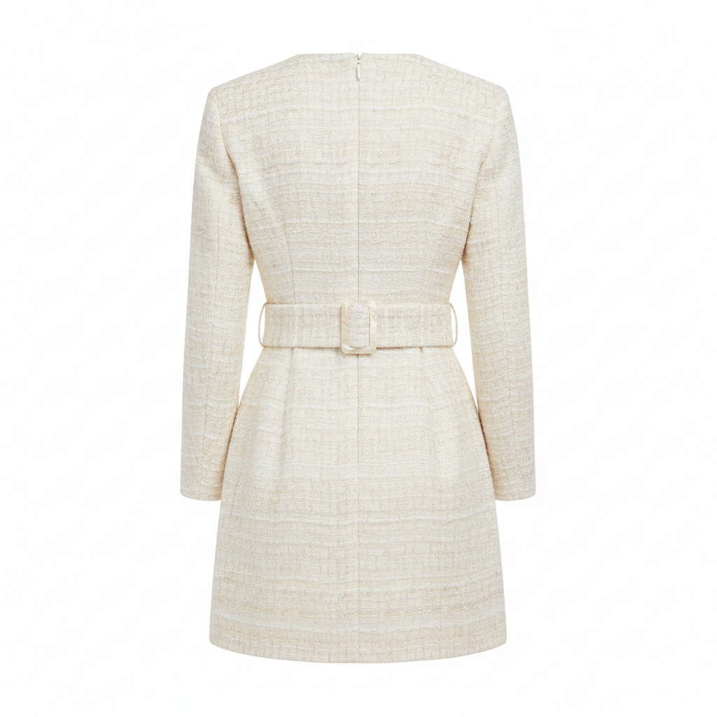 Tweed Belted Mini Dress in Ivory Pearl – Back View