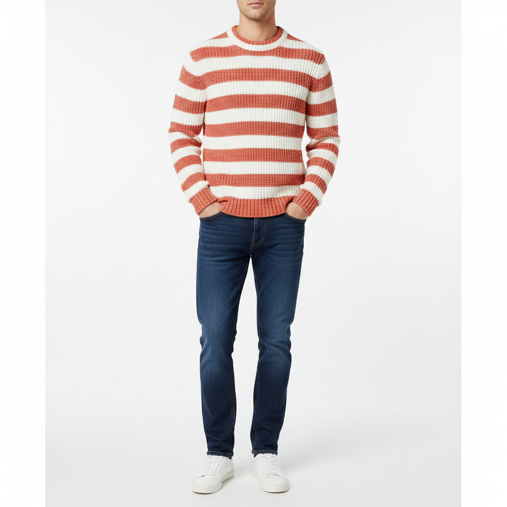 Striped Knit Sweater in Coral & Ivory – Male Model Shot