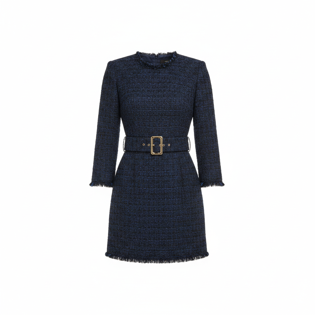 Tweed Belted Mini Dress in Midnight Tweed Navy – Hero