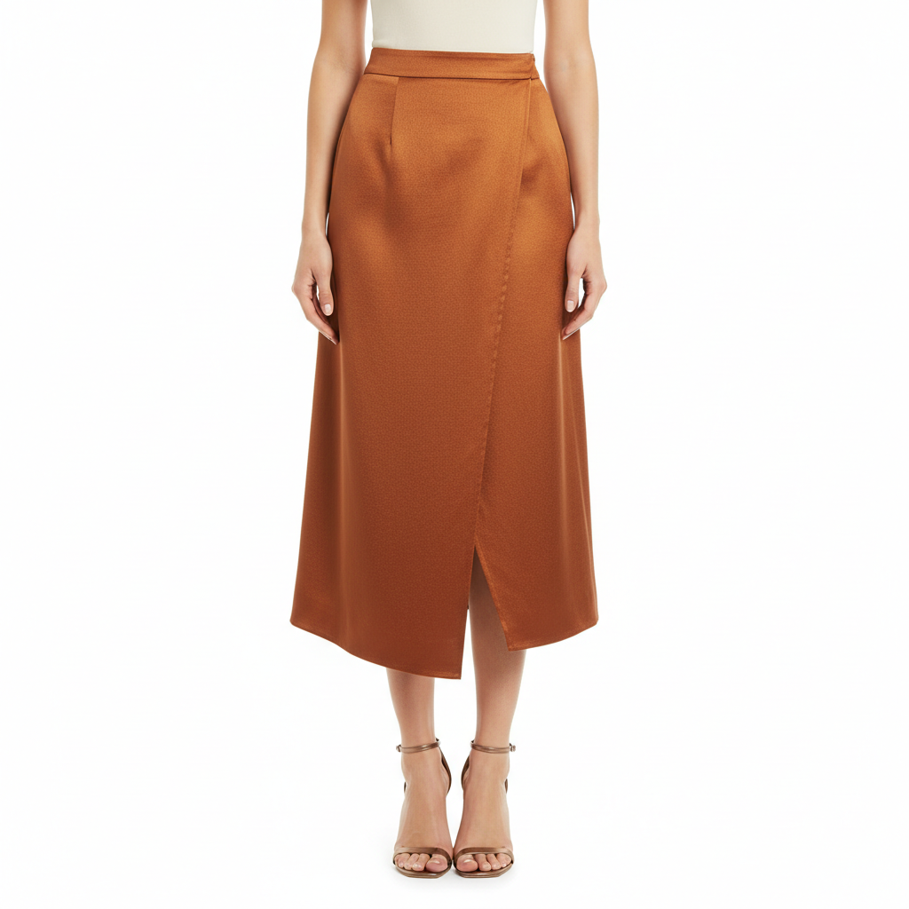 Asymmetric Wrap Midi Skirt in Cinnamon Copper – Model Shot