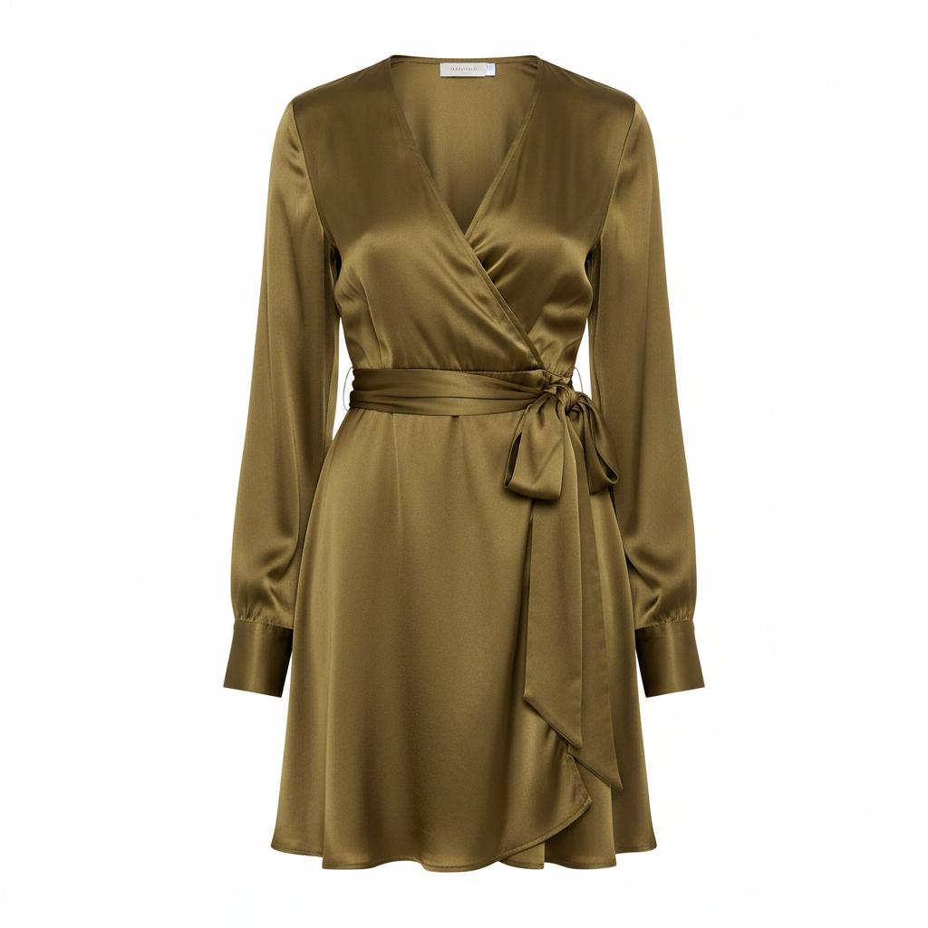 Satin Wrap Mini Dress in Olive Gold – Hero
