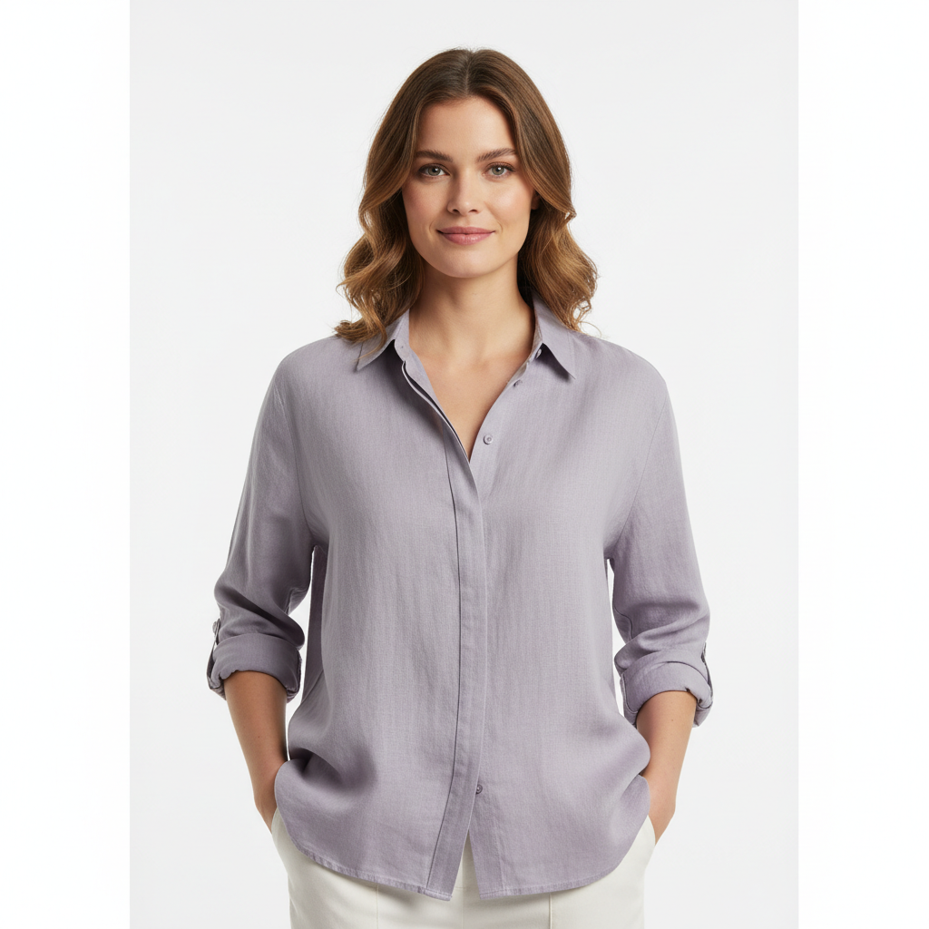 Relaxed Linen Shirt in Lavender Grey – Model