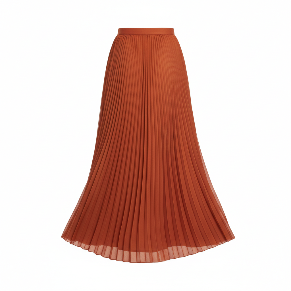 Pleated Long Skirt in Terracotta Rust – Back View