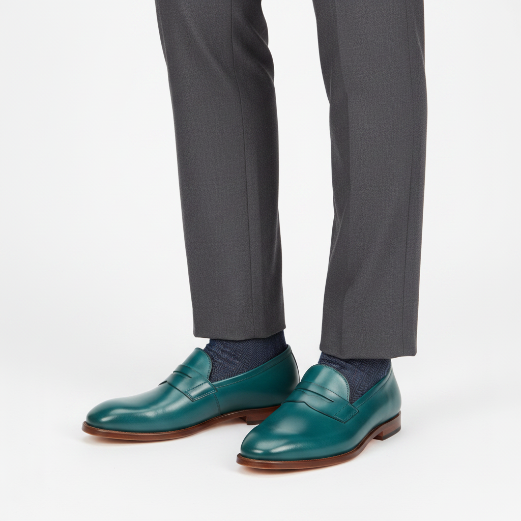 Classic Penny Loafers in Aqua Teal – Model wearing shoes