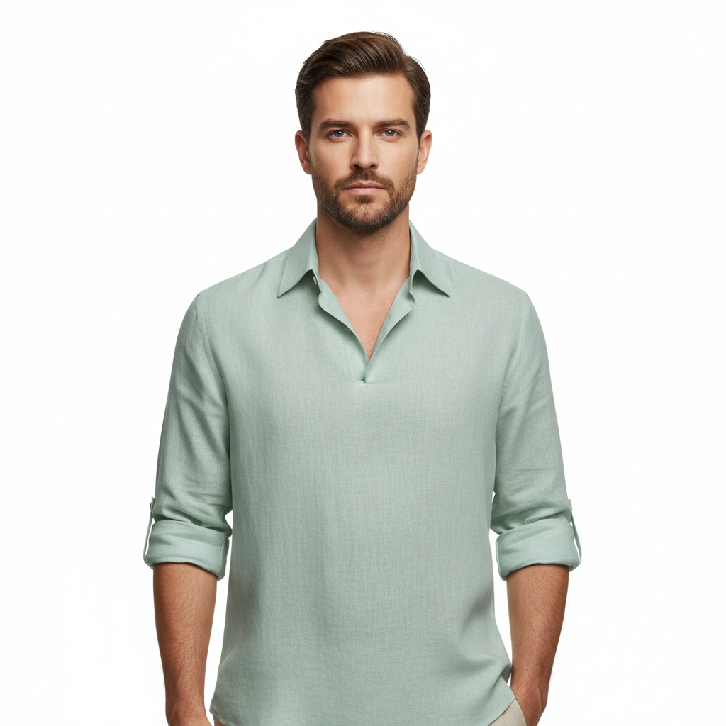 Linen Casual Shirt – Soft Sage – Model