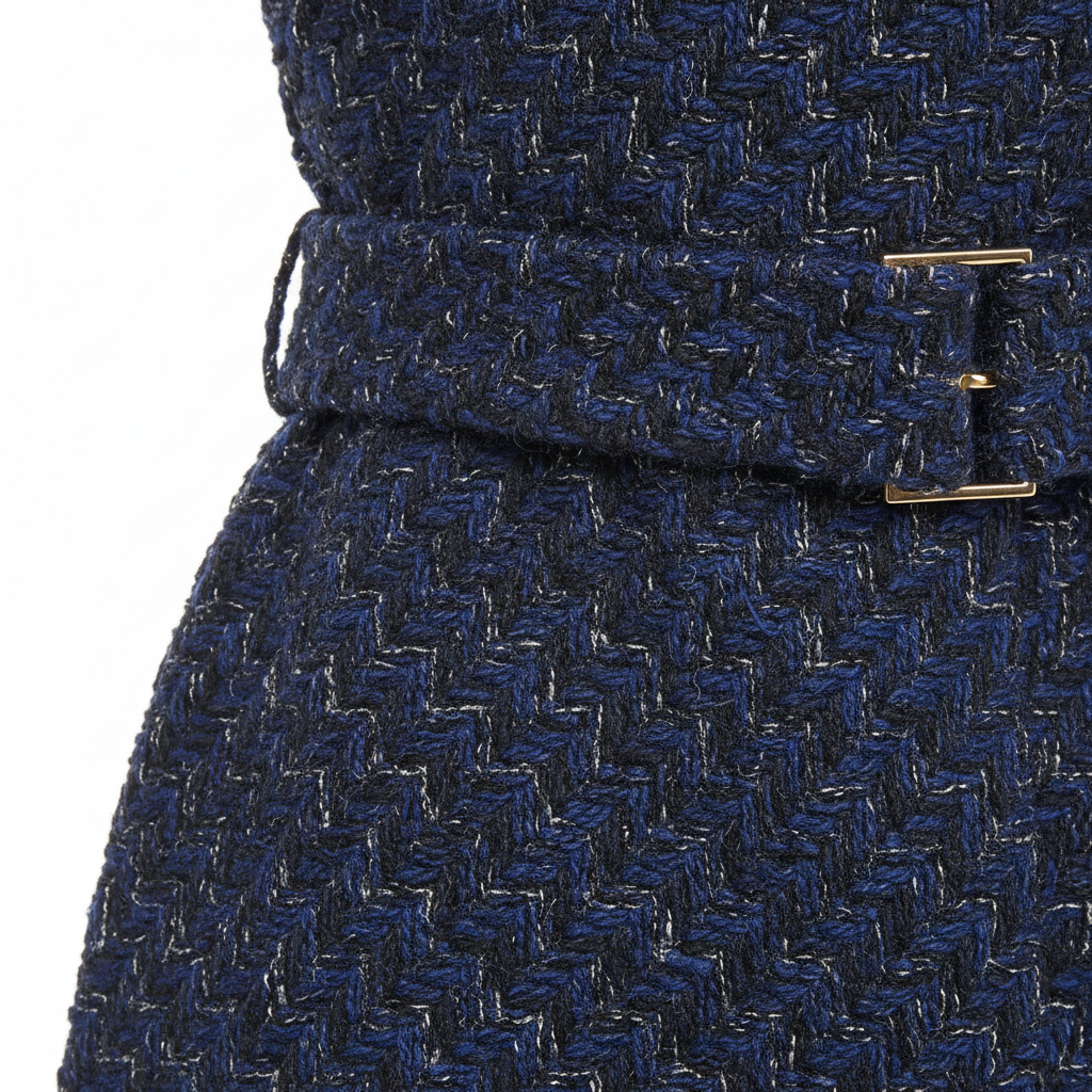 Tweed Belted Mini Dress in Midnight Tweed Navy – Fabric Detail