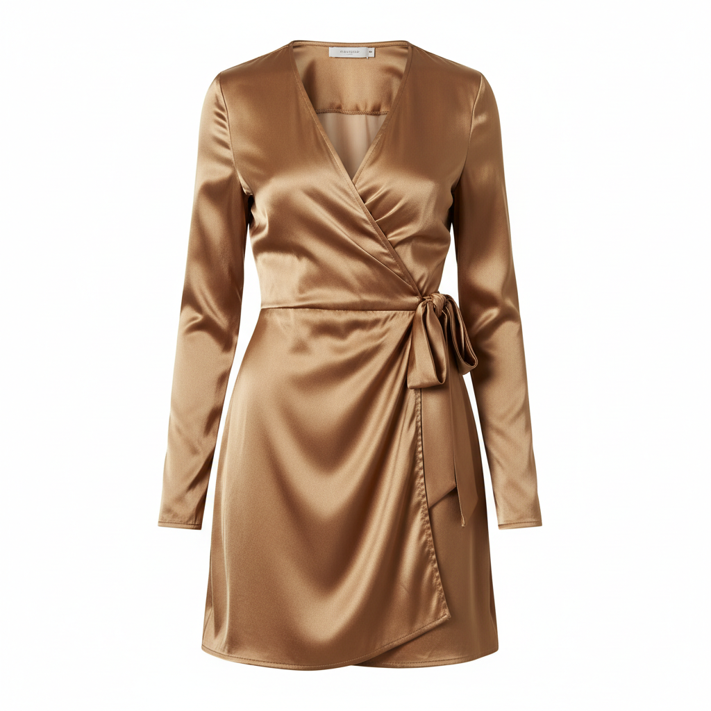 Satin Wrap Mini Dress in Champagne Bronze – Hero