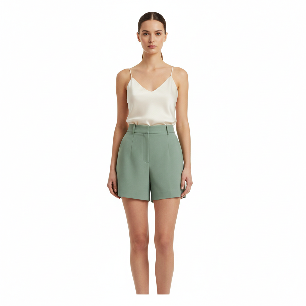 High-Waist Tailored Shorts in Sage Green – Model Shot