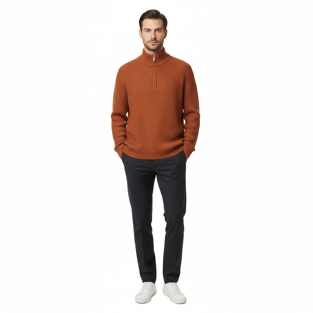 Classic Zip Pullover in Burnt Copper – Male Model Shot