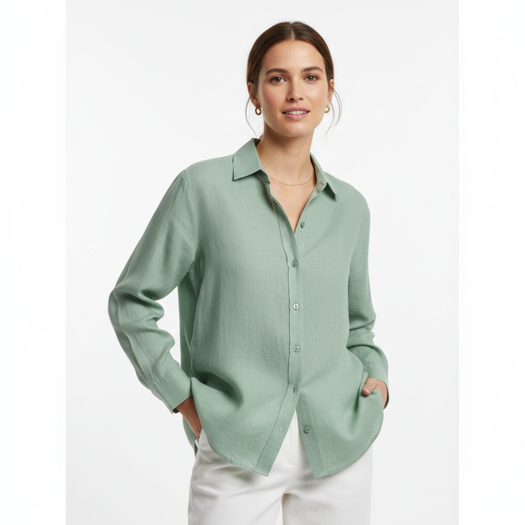 Relaxed Linen Shirt in Pistachio Green – Model