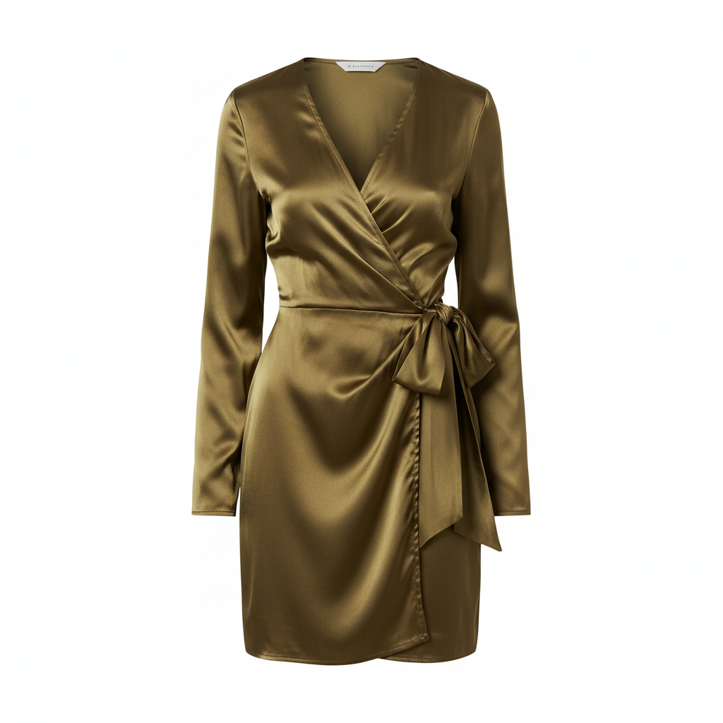 Satin Wrap Mini Dress in Olive Gold – Front View