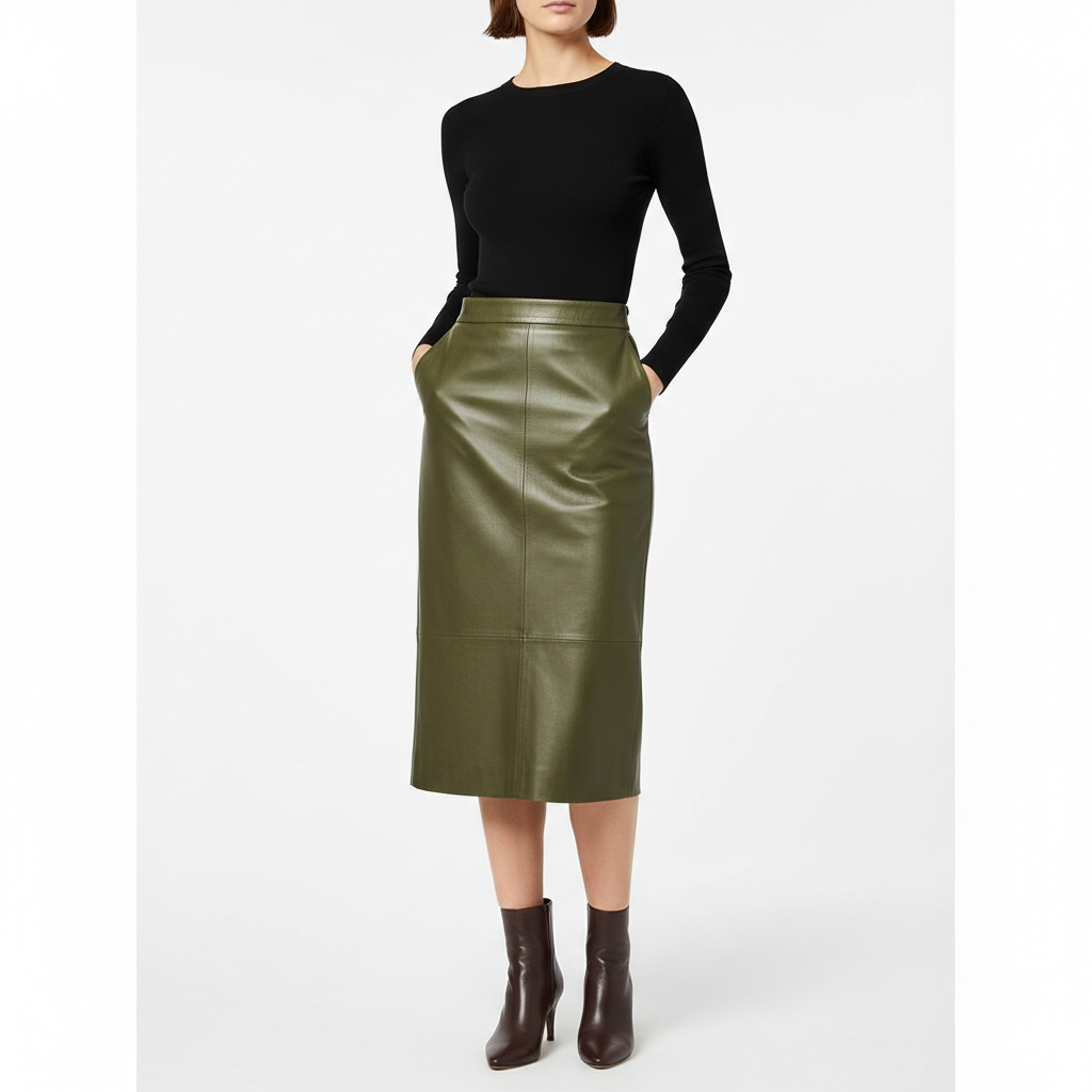 Leather Midi Skirt in Forest Olive – Model Shot
