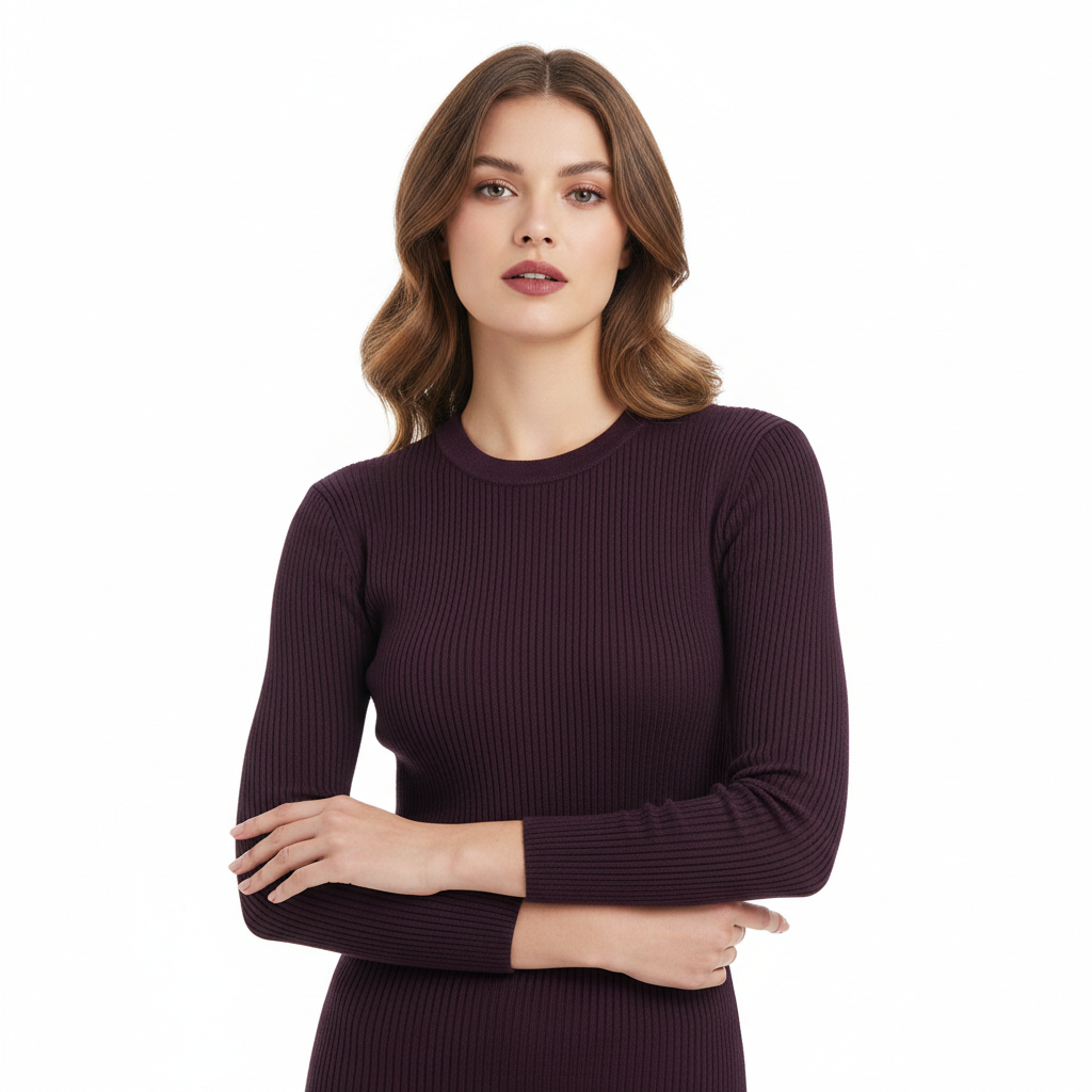 Ribbed Knit Top in Deep Plum – Model