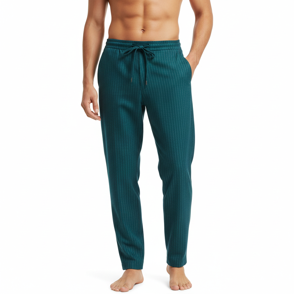Pinstripe Relaxed Trousers in Forest Teal – Model Shot