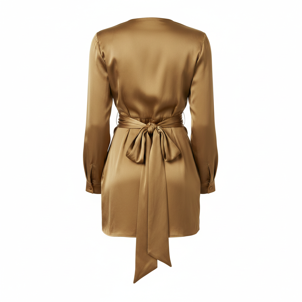 Satin Wrap Mini Dress in Olive Gold – Back View