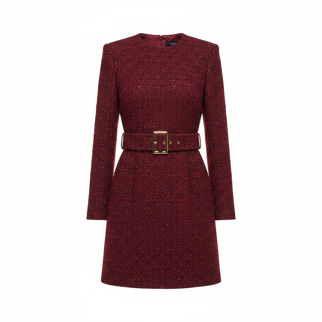 Tweed Belted Mini Dress in Crimson Rouge – Hero