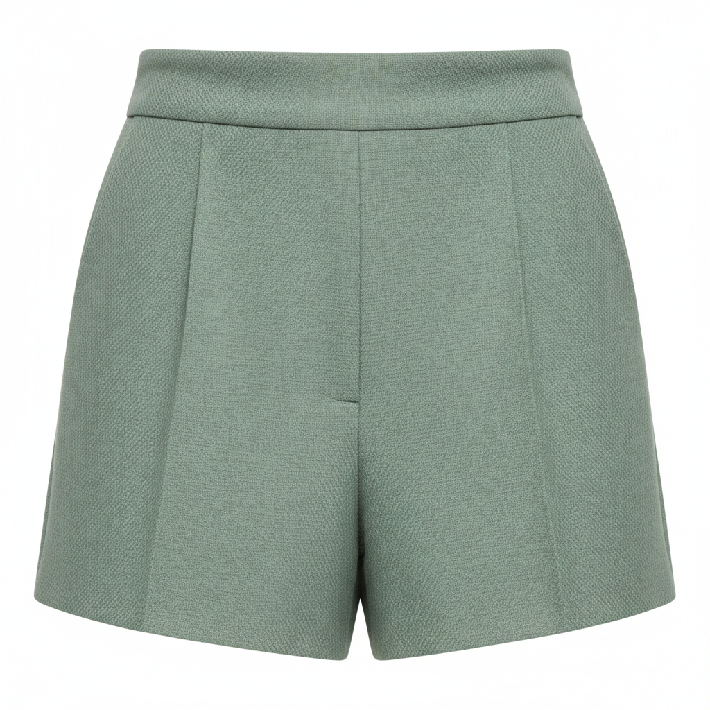 High-Waist Tailored Shorts in Sage Green – Detail Close-Up