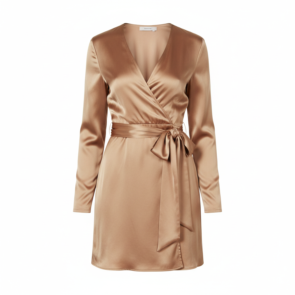 Satin Wrap Mini Dress in Champagne Bronze – Front View