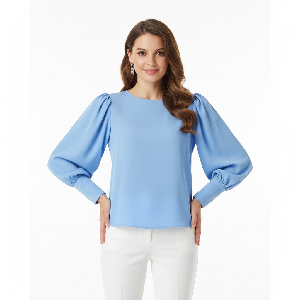 Puff Sleeve Blouse in Sky Blue – Model