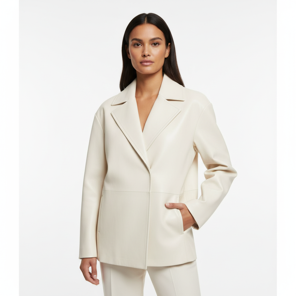 Noir Leather Jacket Pearl White – Model Shot