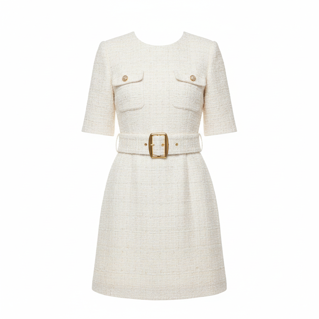 Tweed Belted Mini Dress in Ivory Pearl – Front View