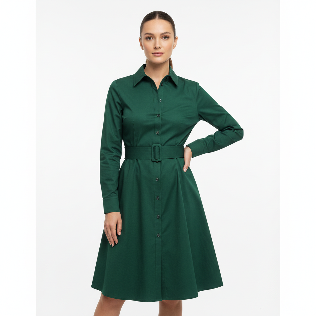 Model wearing Shirt Belted Dress in Forest Green