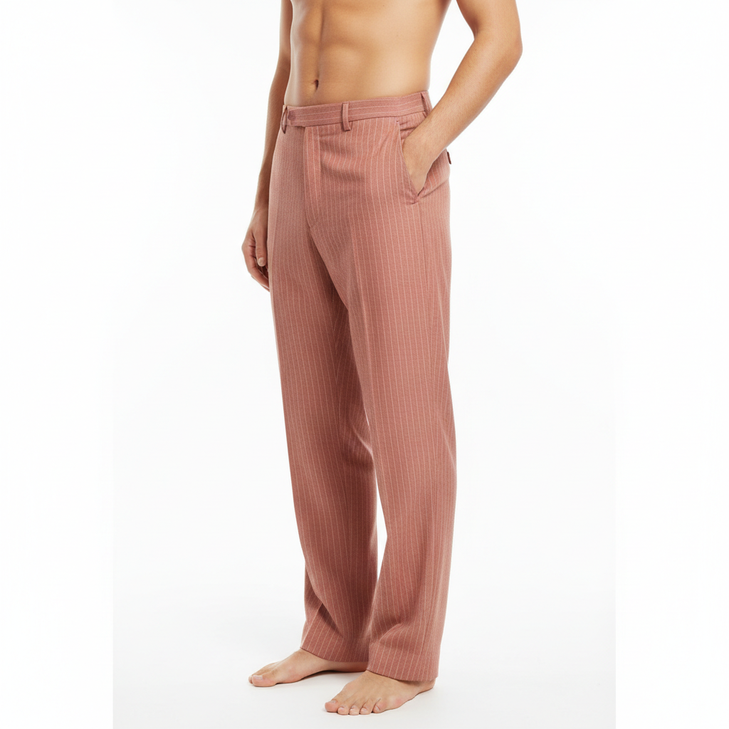Pinstripe Relaxed Trousers in Dusty Coral – Model Shot