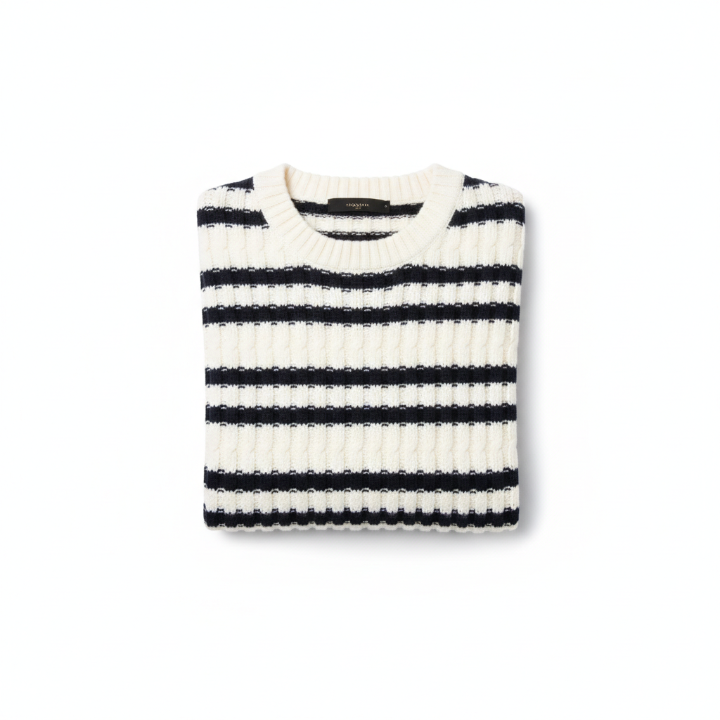 Striped Knit Sweater in Cream & Navy – Hero