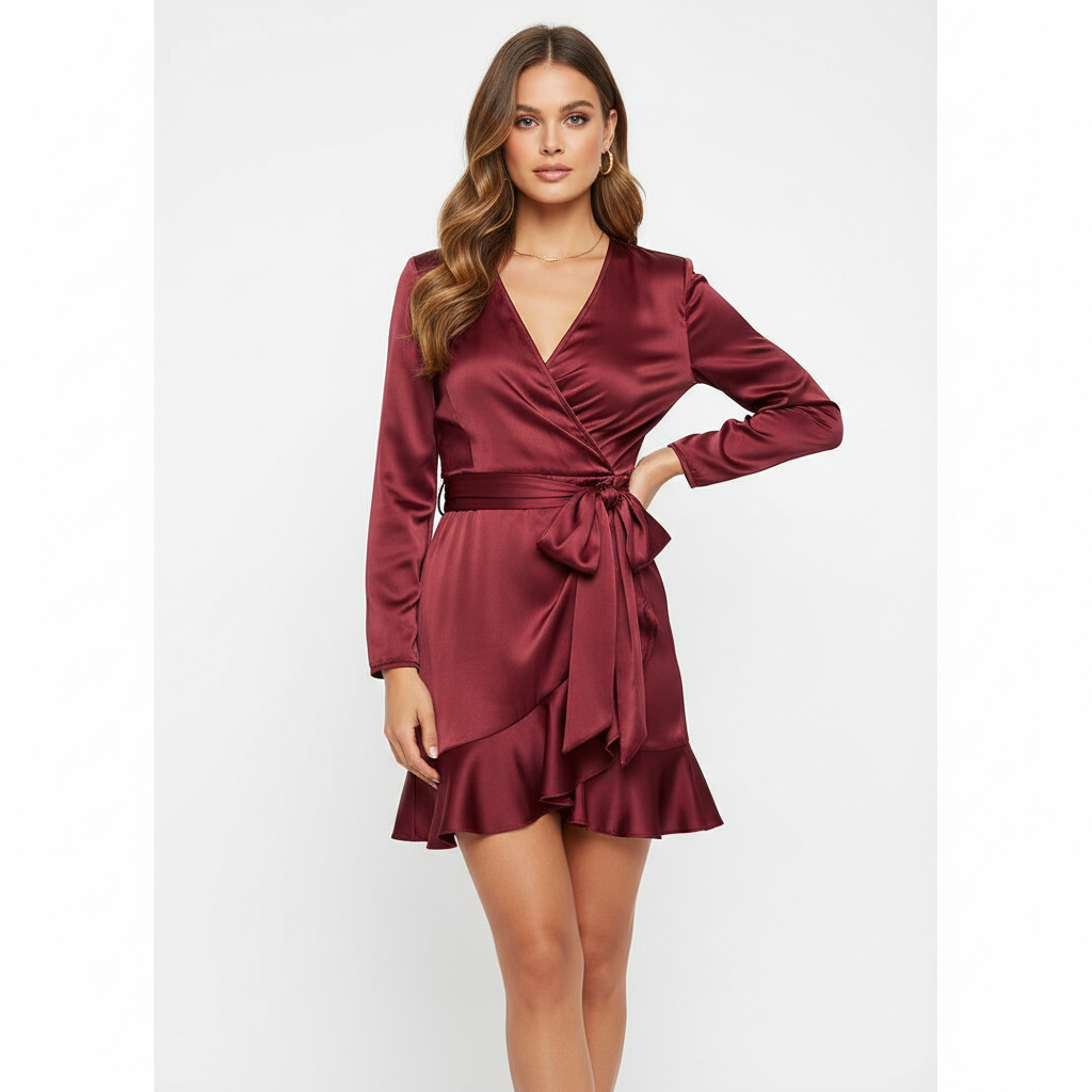 Model wearing Satin Wrap Mini Dress in Burgundy Wine