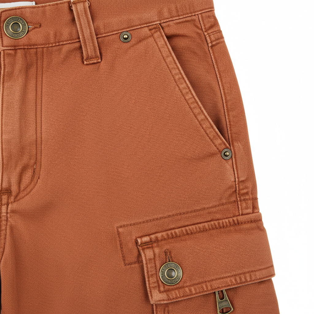 Utility Cargo Pants in Terracotta Rust – Fabric Detail
