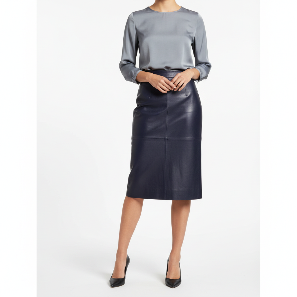 Leather Midi Skirt in Midnight Indigo – Model Shot