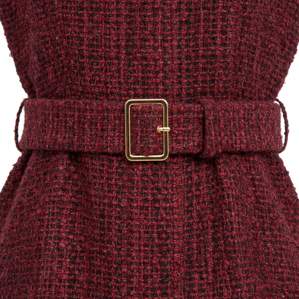 Tweed Belted Mini Dress in Crimson Rouge – Fabric Detail