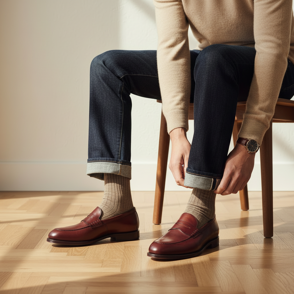 Luxury Menswear Footwear - Model Touching Shoes