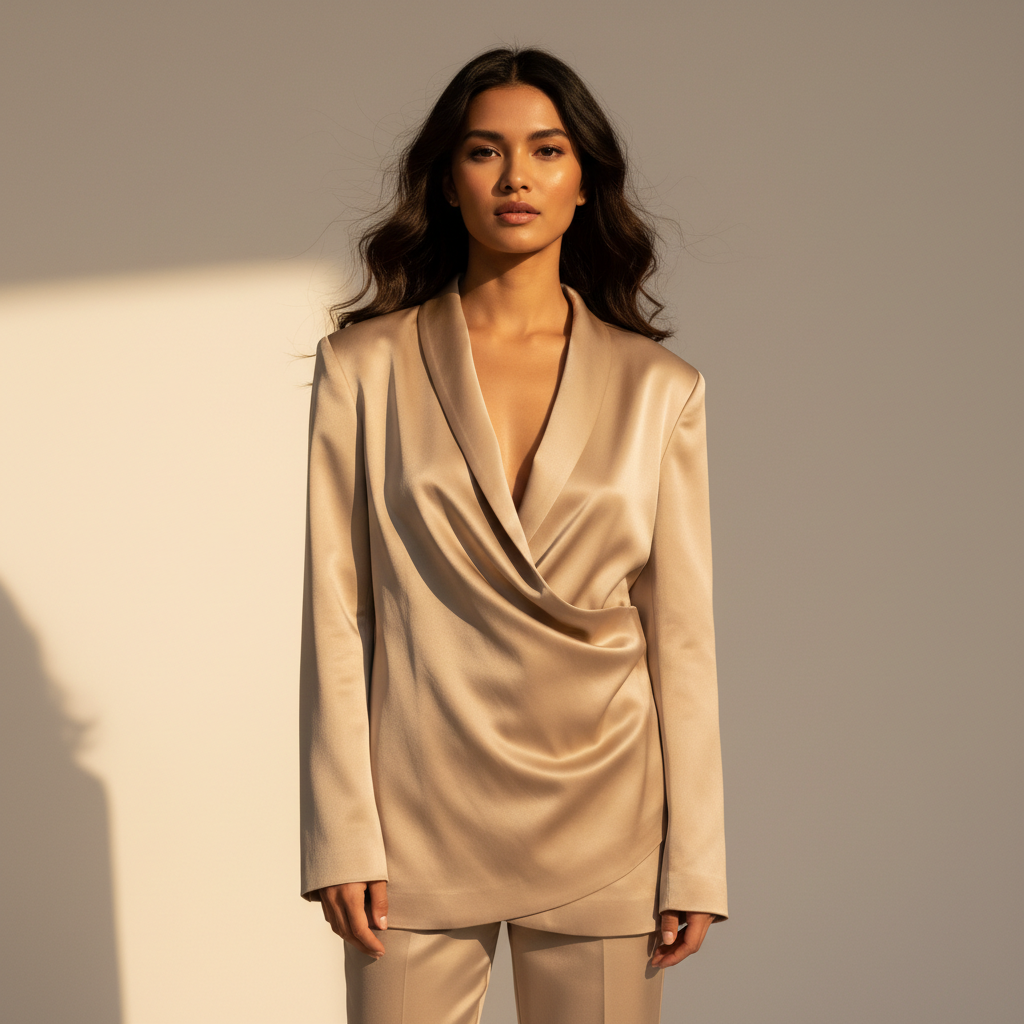Luxury Womenswear Editorial - Beige Silk Blazer